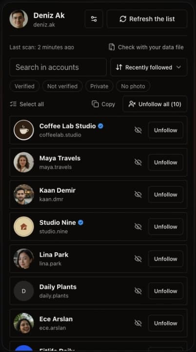 The Unfolks side panel listing accounts that don't follow back, with filters, search and an Unfollow button on each row.