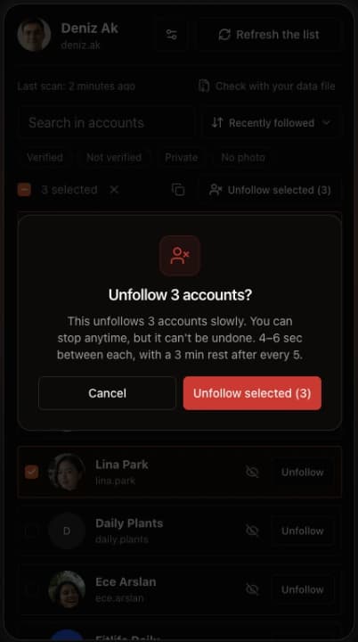 The Unfolks panel asking to confirm unfollowing 3 accounts, with 4–6 seconds between each and a 3 minute rest after every 5.